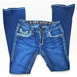 Rock Revival Bootcut Jeans Dark Wash Contrast Stitch Fleur De Lis Size 27 Fit 28